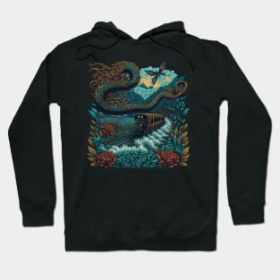 Flying steam train with crashing waves and snakes Hoodie